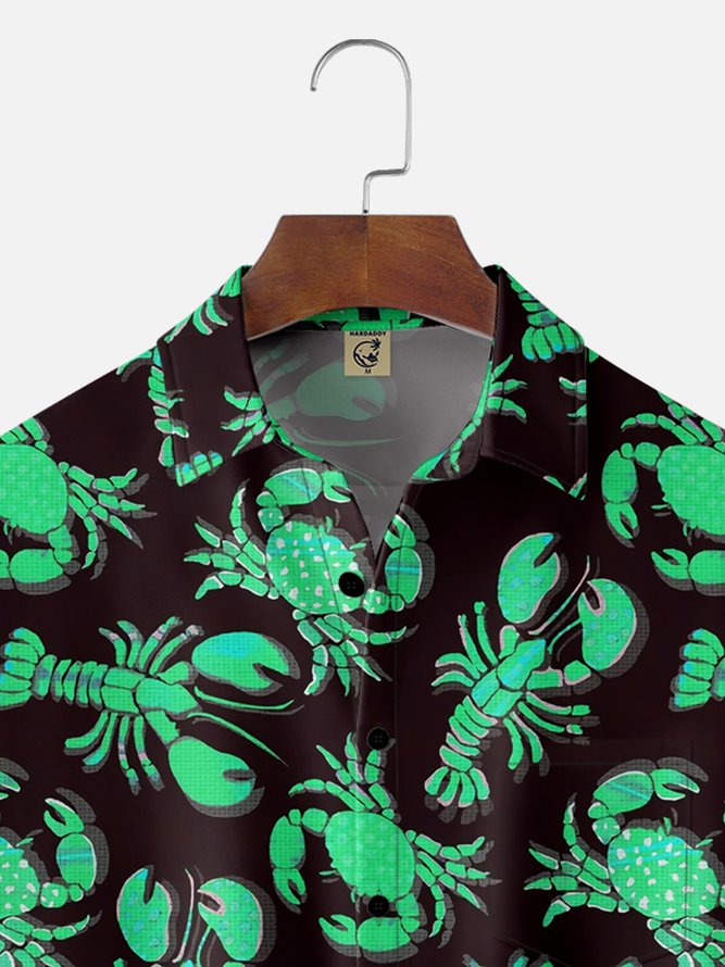 Moisture Wicking Crab Lobster Chest Pocket Hawaiian Shirt