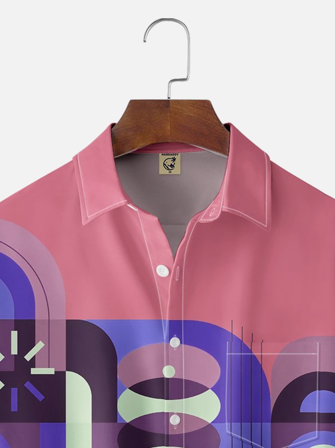 Moisture Wicking Geometric Color Block Chest Pocket Hawaiian Shirt
