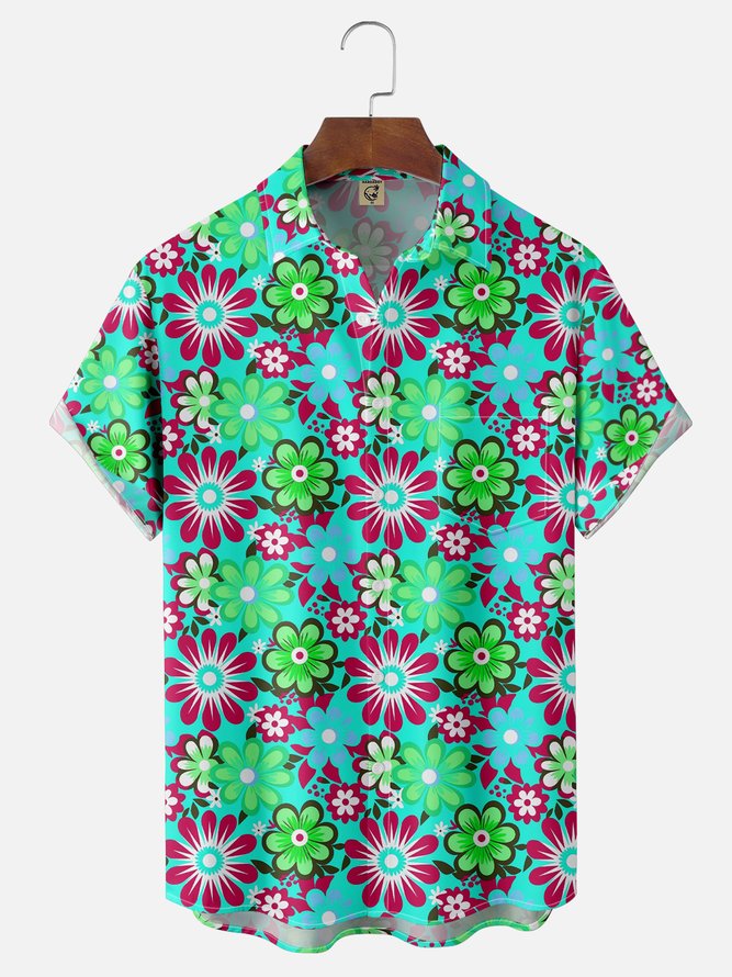 Moisture Wicking Floral Chest Pocket Hawaiian Shirt