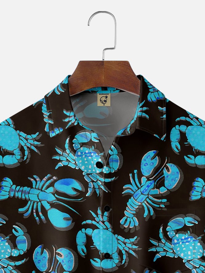 Moisture Wicking Crab Lobster Chest Pocket Hawaiian Shirt