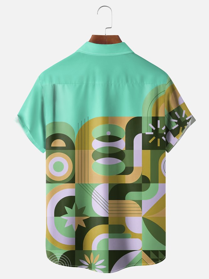 Moisture Wicking Geometric Color Block Chest Pocket Hawaiian Shirt