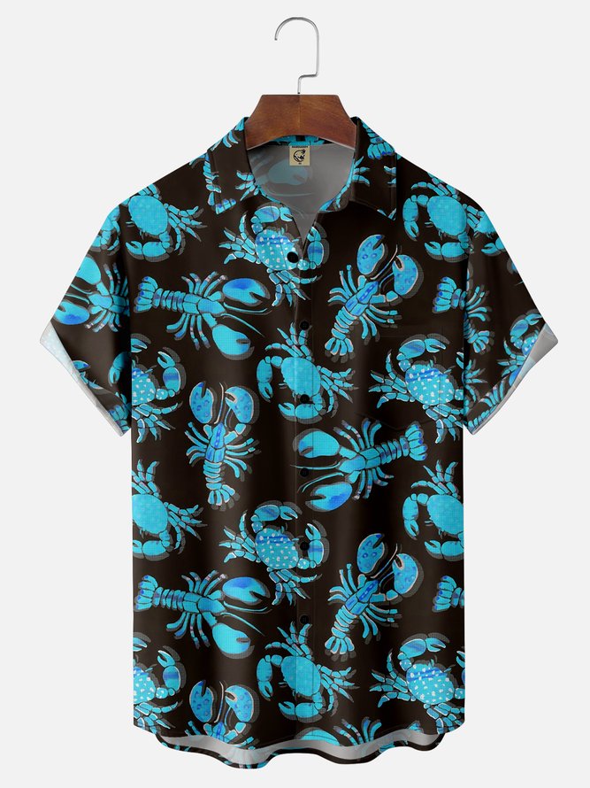 Moisture Wicking Crab Lobster Chest Pocket Hawaiian Shirt