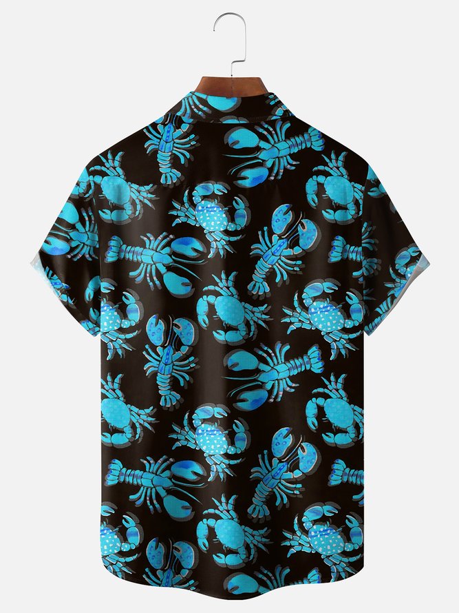Moisture Wicking Crab Lobster Chest Pocket Hawaiian Shirt