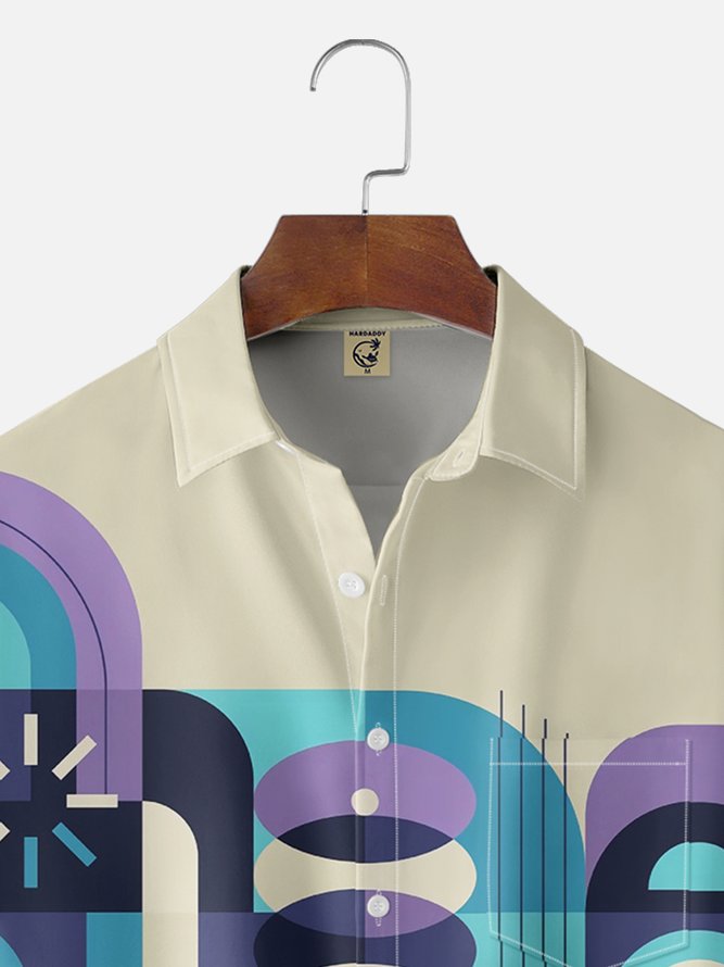 Moisture Wicking Geometric Color Block Chest Pocket Hawaiian Shirt