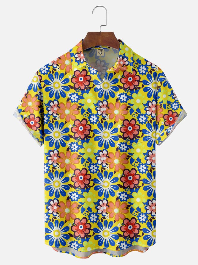 Moisture Wicking Floral Chest Pocket Hawaiian Shirt