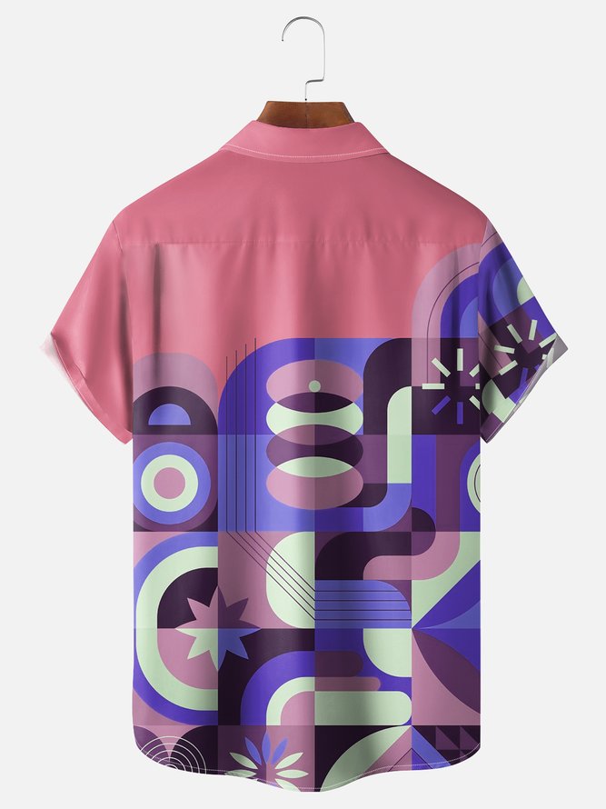 Moisture Wicking Geometric Color Block Chest Pocket Hawaiian Shirt
