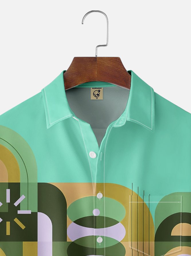Moisture Wicking Geometric Color Block Chest Pocket Hawaiian Shirt
