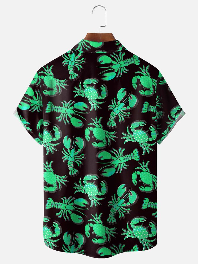 Moisture Wicking Crab Lobster Chest Pocket Hawaiian Shirt