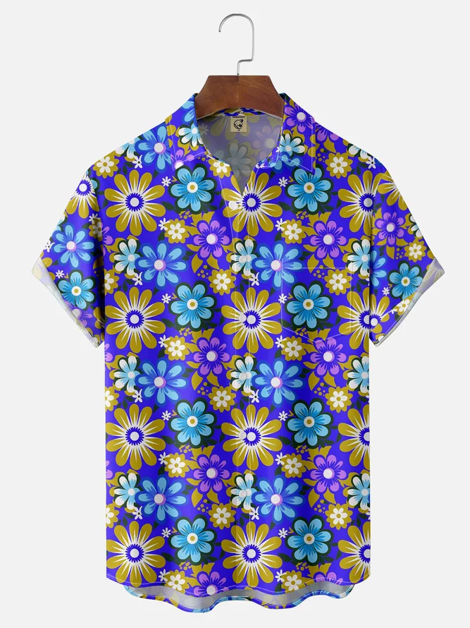 Moisture Wicking Floral Chest Pocket Hawaiian Shirt
