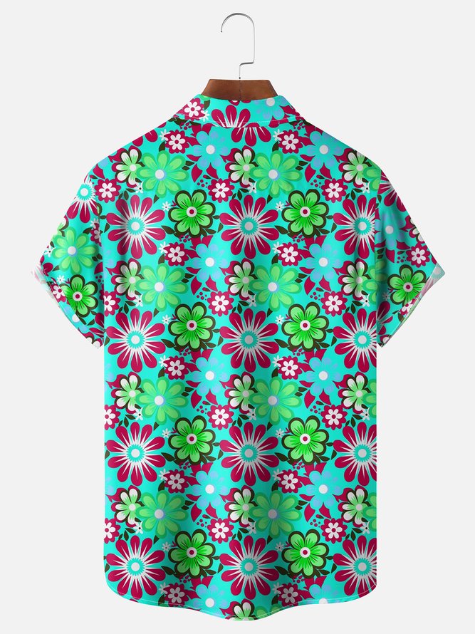 Moisture Wicking Floral Chest Pocket Hawaiian Shirt