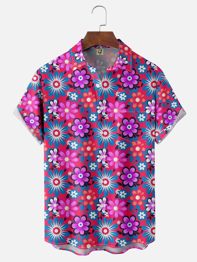 Moisture Wicking Floral Chest Pocket Hawaiian Shirt