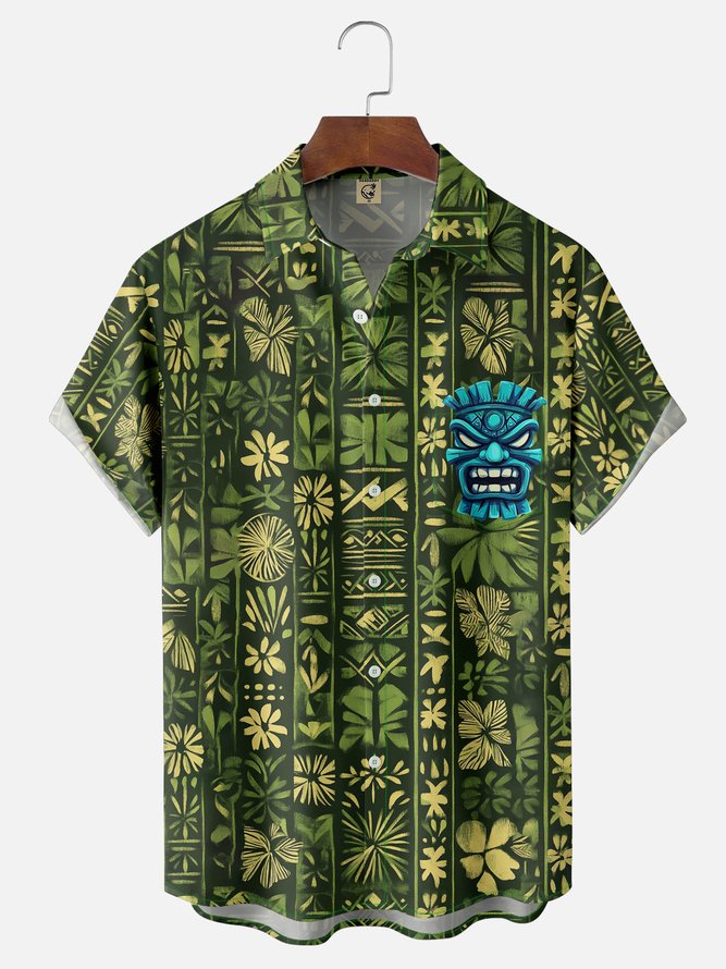 Moisture-wicking Tiki Chest Pocket Hawaiian Shirt