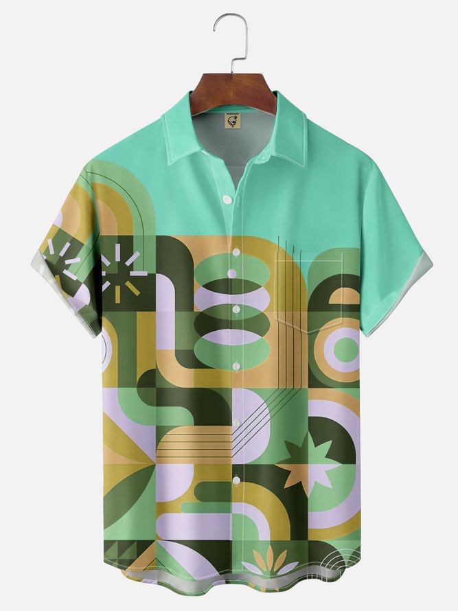 Moisture Wicking Geometric Color Block Chest Pocket Hawaiian Shirt