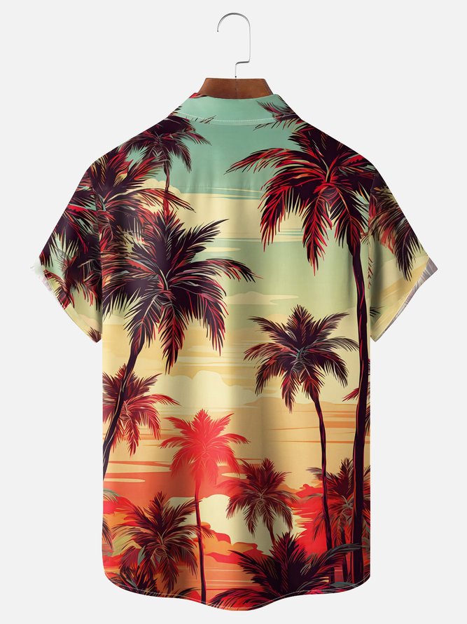 Moisture-wicking Palm Tree Chest Pocket Hawaiian Shirt