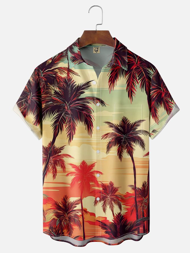 Moisture-wicking Palm Tree Chest Pocket Hawaiian Shirt