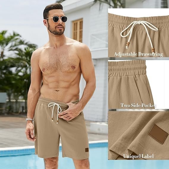 Mens Shorts Casual 7" Inseam 100% Cotton Drawstring Elastic Waist Summer Beach Stretch Golf Shorts with Pockets