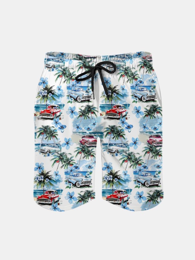 Men's Swim Trunks Hawaiian Tropical Palm Tree Beach Shorts with Pockets