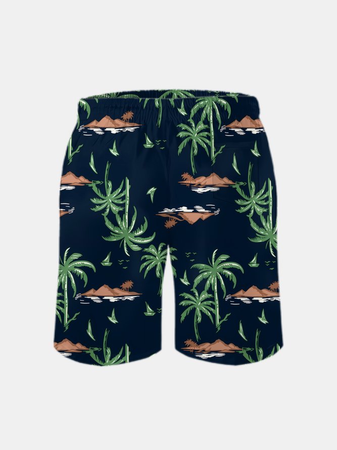 Men's Swim Trunks Hawaiian Tropical Palm Tree Beach Shorts with Pockets