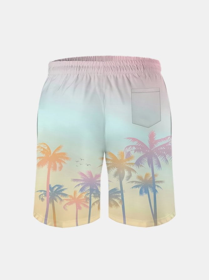 Men's Swim Trunks Hawaiian Tropical Palm Tree Beach Shorts with Pockets