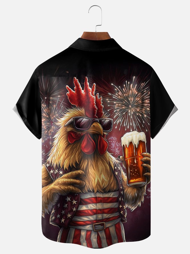 Moisture-wicking American Flag Rooster Beer Chest Pocket Casual Shirt