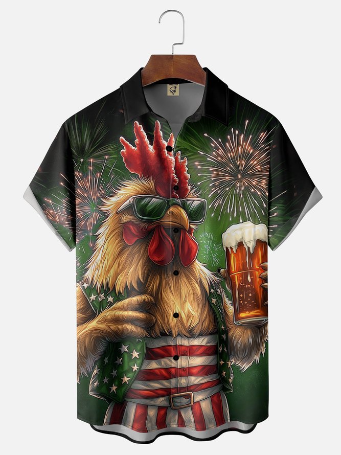 Moisture-wicking American Flag Rooster Beer Chest Pocket Casual Shirt