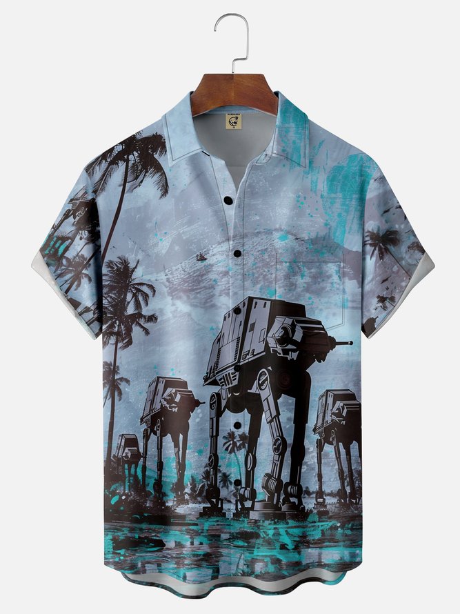 Moisture-wicking Star Robot Chest Pocket Hawaiian Shirt