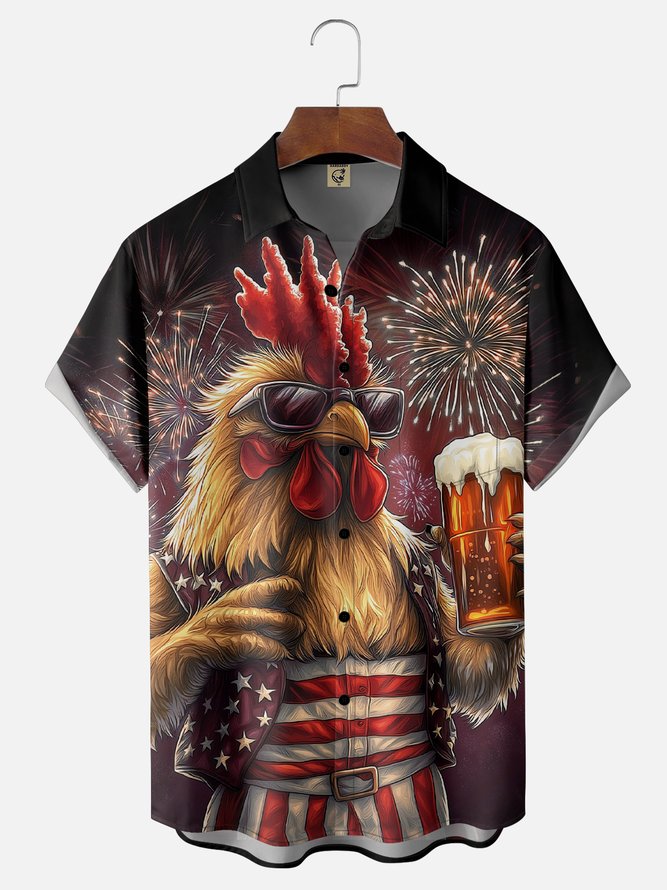 Moisture-wicking American Flag Rooster Beer Chest Pocket Casual Shirt