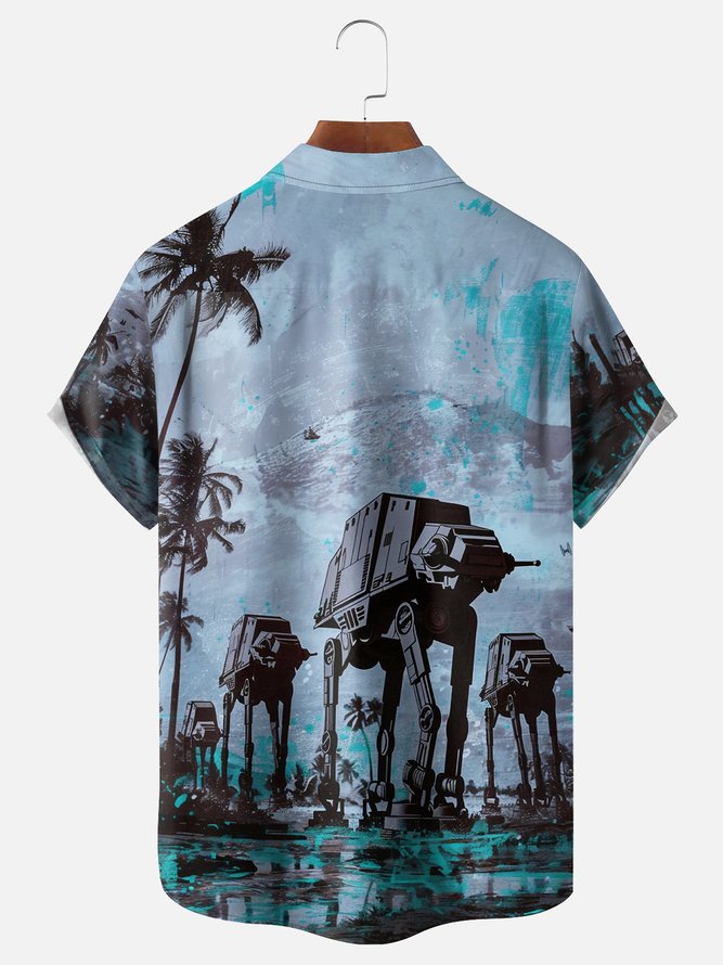 Moisture-wicking Star Robot Chest Pocket Hawaiian Shirt