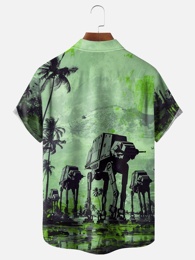 Moisture-wicking Star Robot Chest Pocket Hawaiian Shirt