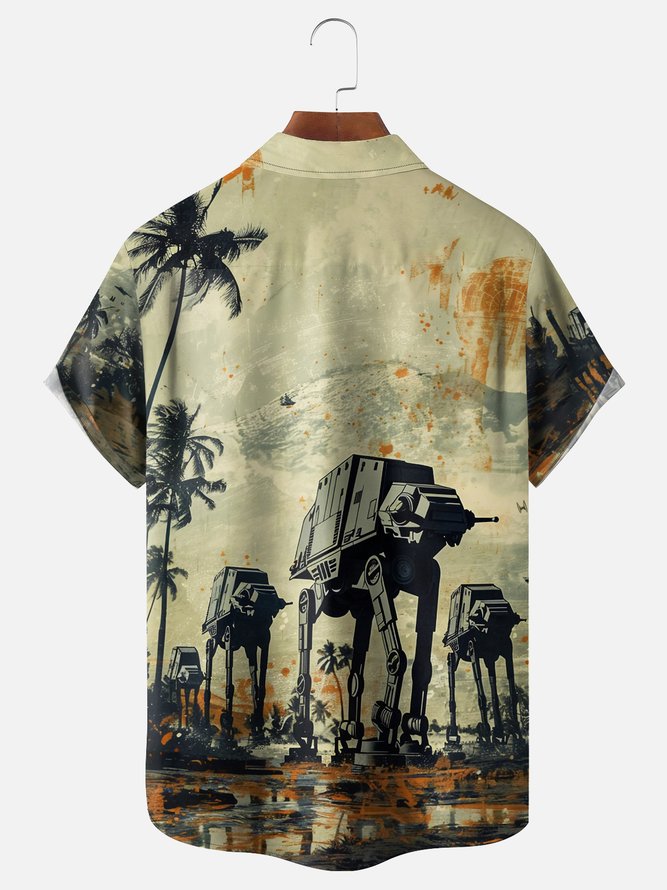 Moisture-wicking Star Robot Chest Pocket Hawaiian Shirt