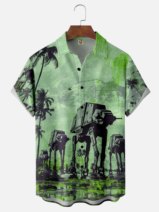 Moisture-wicking Star Robot Chest Pocket Hawaiian Shirt