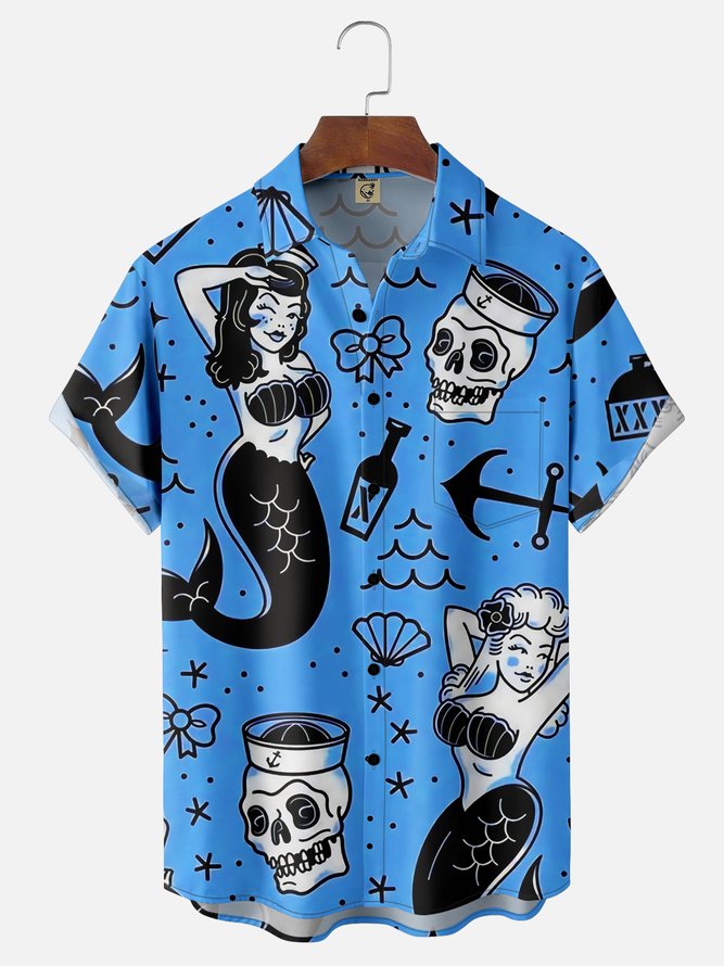 Hardaddy Mermaid Chest Pocket Short Sleeve Hawaiian Shirt