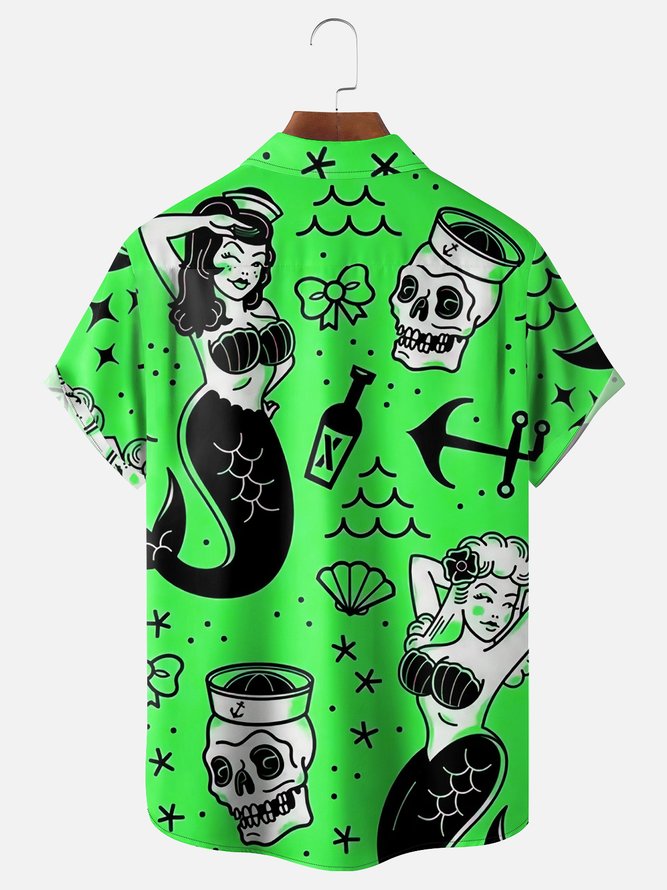 Hardaddy Mermaid Chest Pocket Short Sleeve Hawaiian Shirt