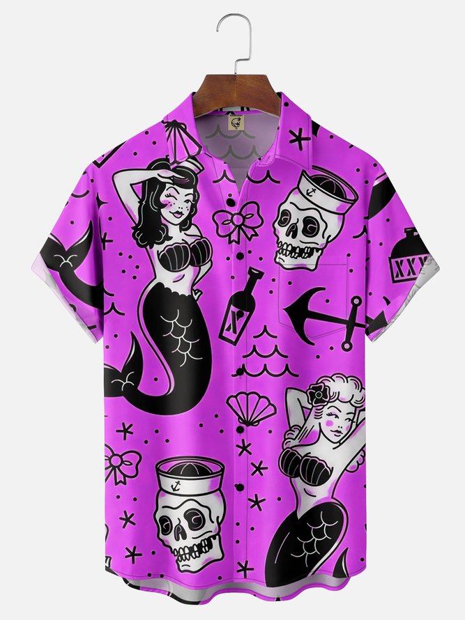 Hardaddy Mermaid Chest Pocket Short Sleeve Hawaiian Shirt