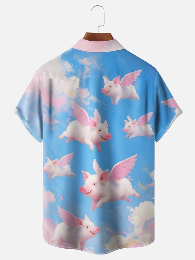 Moisture-wicking Fly Pigs Chest Pocket Hawaiian Shirt