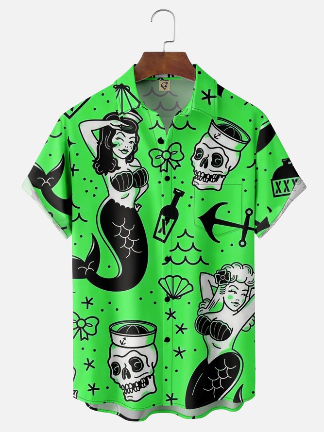 Hardaddy Mermaid Chest Pocket Short Sleeve Hawaiian Shirt