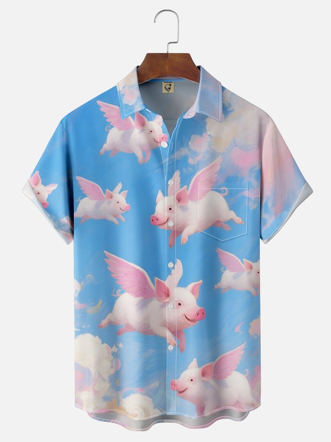 Moisture-wicking Fly Pigs Chest Pocket Hawaiian Shirt
