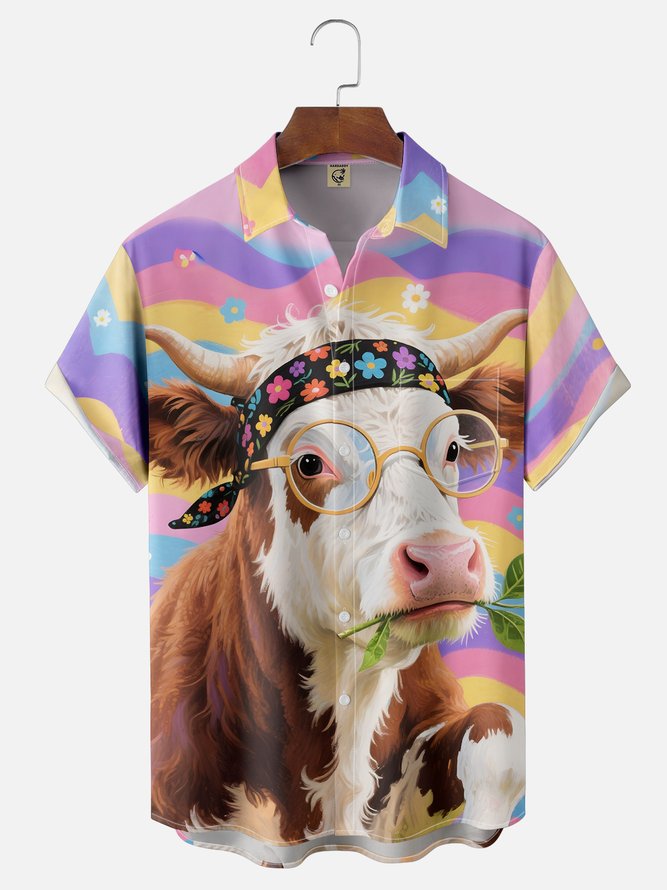 Moisture-wicking Cow Chest Pocket Hawaiian Shirt