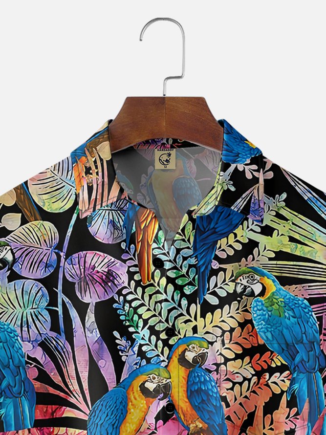 Moisture Wicking Tropical Plants Parrot Chest Pocket Hawaiian Shirt