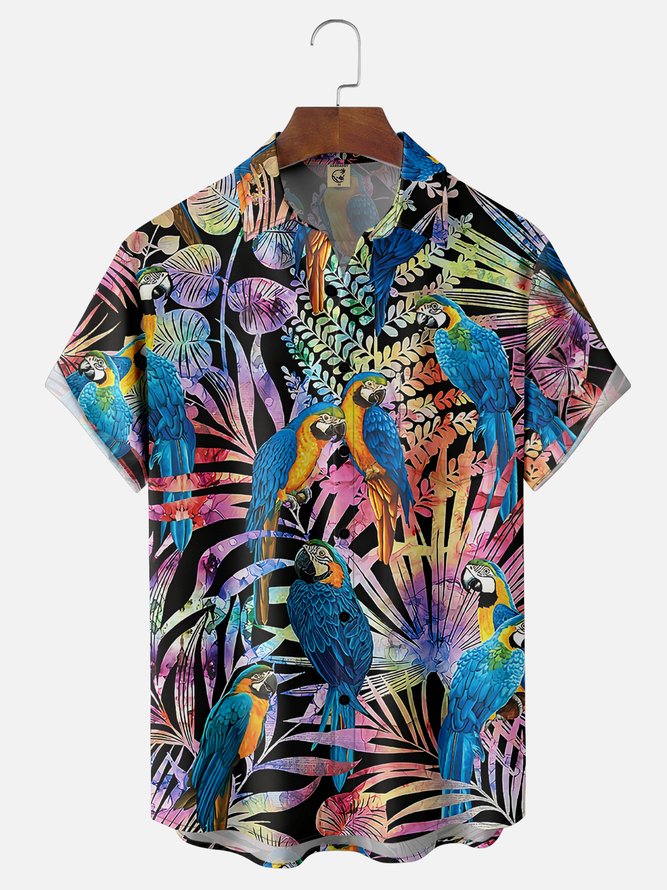 Moisture Wicking Tropical Plants Parrot Chest Pocket Hawaiian Shirt