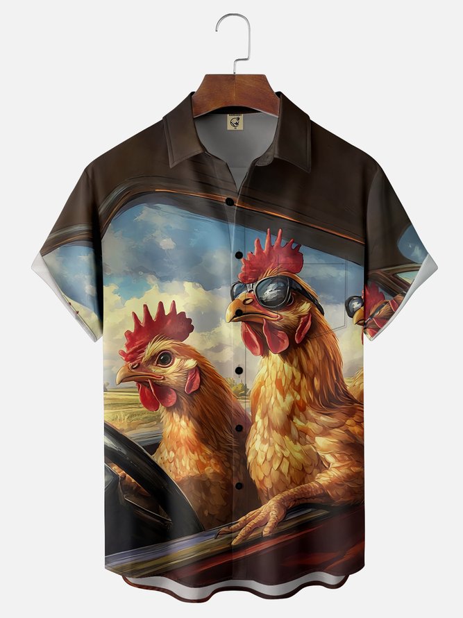 Moisture Wicking Funny Chicken Chest Pocket Hawaiian Shirt