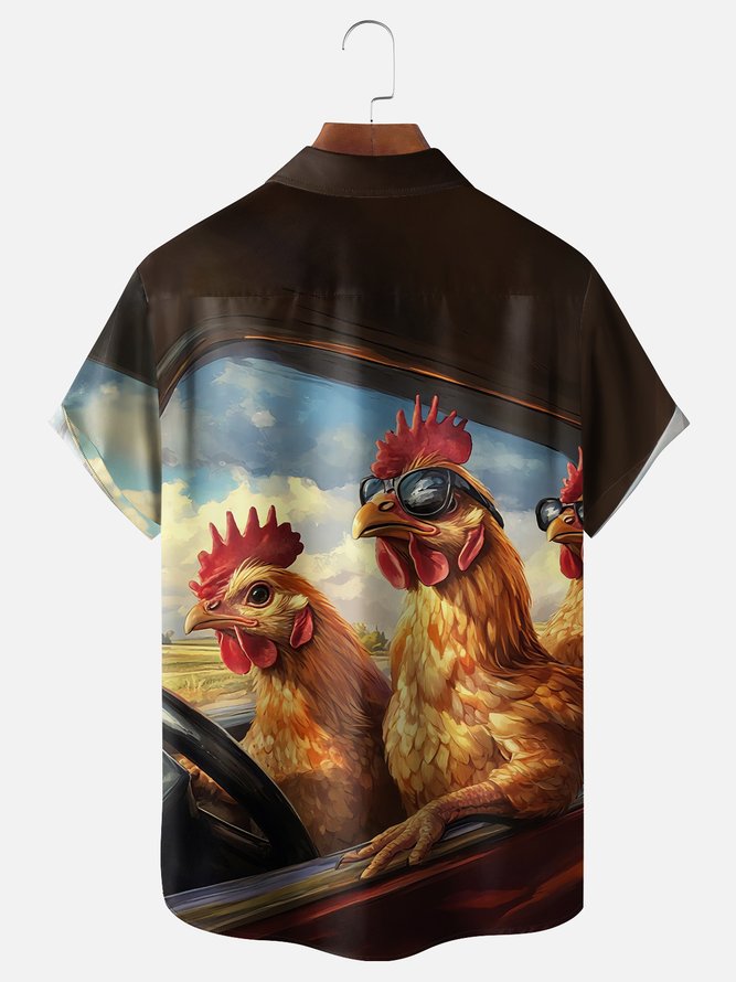 Moisture Wicking Funny Chicken Chest Pocket Hawaiian Shirt