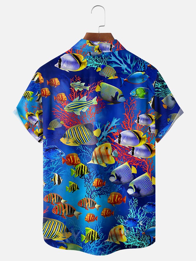 Moisture Wicking Underwater World Fish Chest Pocket Hawaiian Shirt