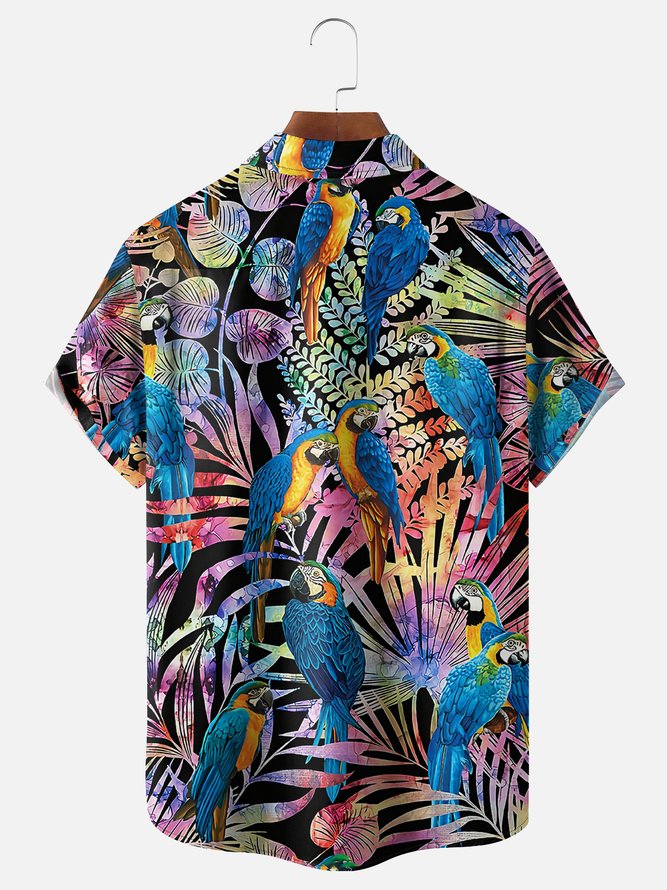 Moisture Wicking Tropical Plants Parrot Chest Pocket Hawaiian Shirt