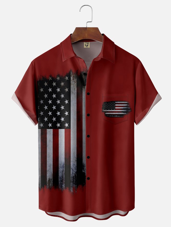 Hardaddy American Flag Chest Pocket Short Sleeve Casual Shirt
