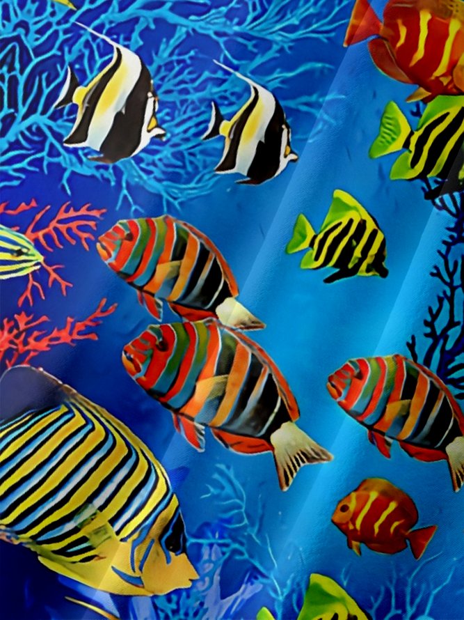 Moisture Wicking Underwater World Fish Chest Pocket Hawaiian Shirt