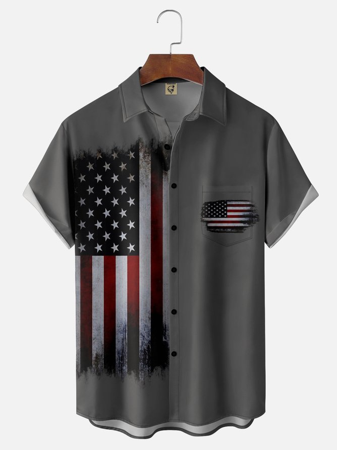 Hardaddy American Flag Chest Pocket Short Sleeve Casual Shirt