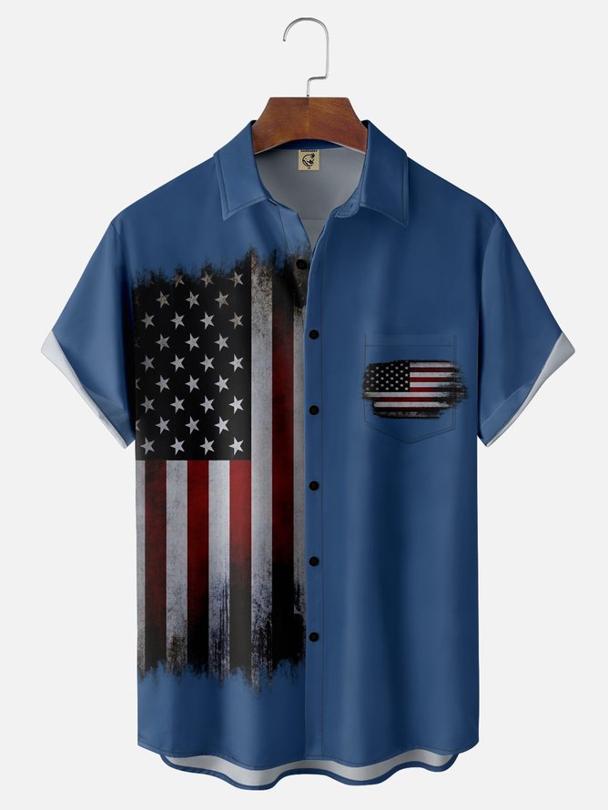 Hardaddy American Flag Chest Pocket Short Sleeve Casual Shirt