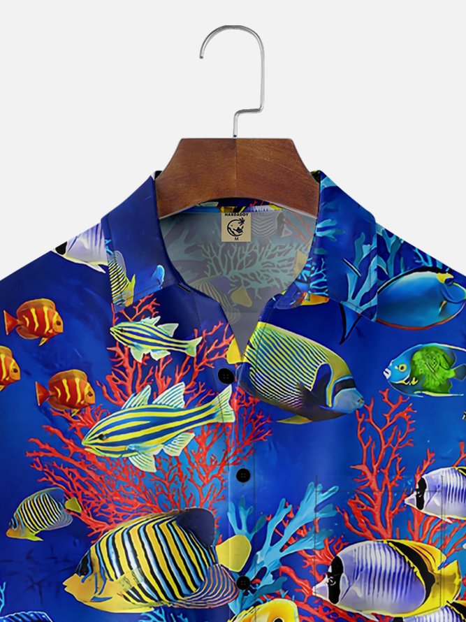 Moisture Wicking Underwater World Fish Chest Pocket Hawaiian Shirt