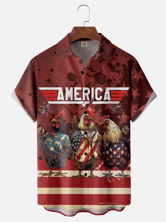 Tall Size Moisture-wicking Independence Day Rooster American Flag Chest Pocket Casual Shirt